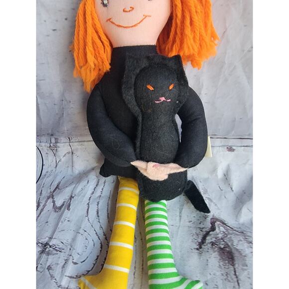 Witch Doll With Black cat Plush Handmade Halloween Toy 14in Halloween Decor - Picture 2 of 7